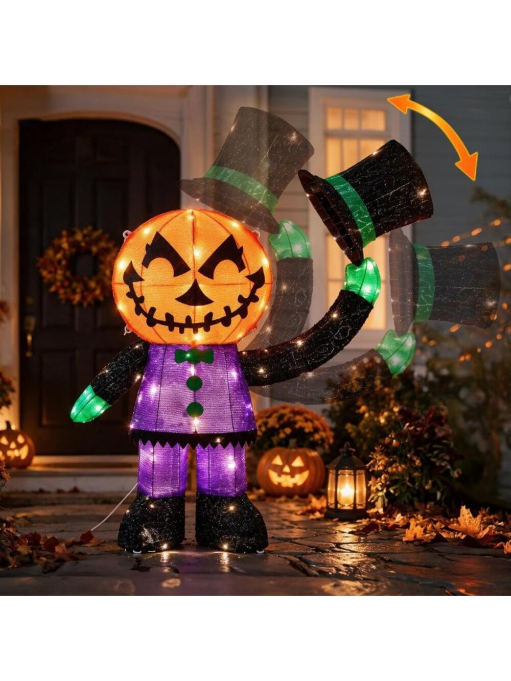 Animated Halloween Decorations, Hat-Tipping Light Up 3D Pumpkin Greeter